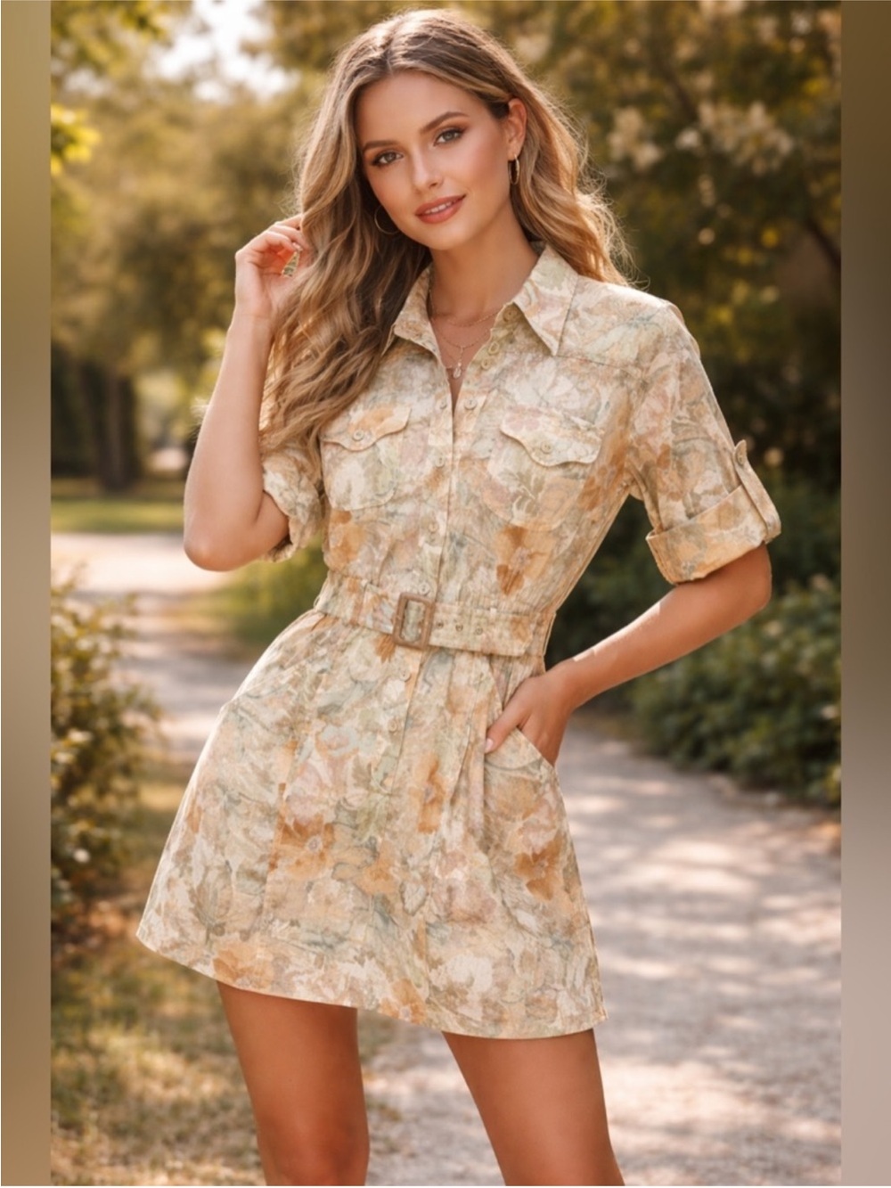 Zimmermann Beige and Cream Floral linen Belted Shirt Mini Dress. Sz 0.